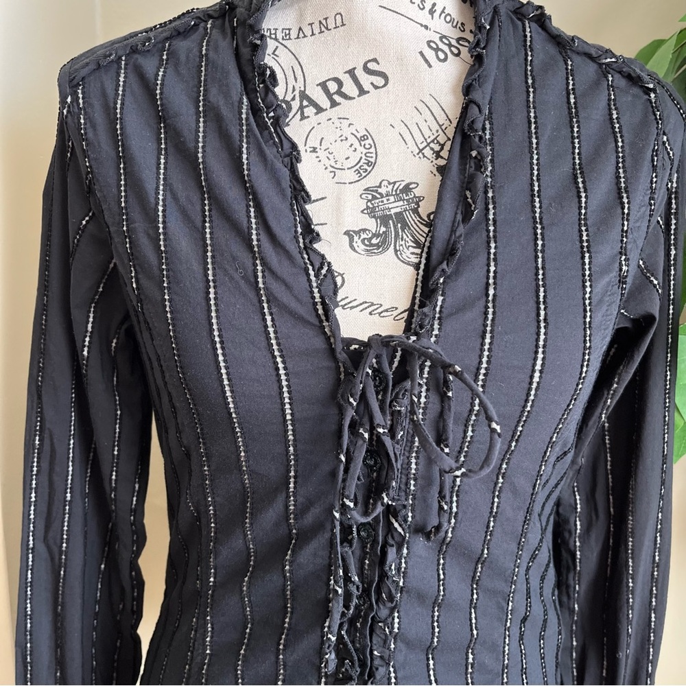 Zara Basic Stripe Tie-Front Button Down Top Black… - image 4